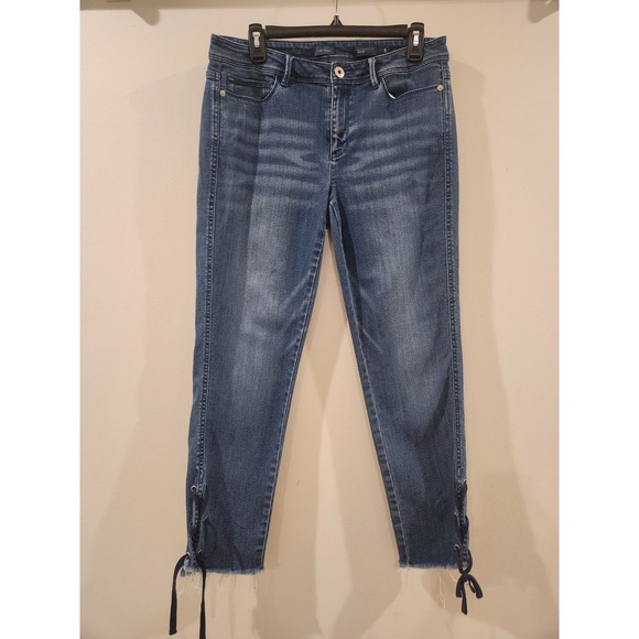 J. Jill Denim Cropped Jeans Authentic Fit Size 8 Blue Lace Up Frayed Hem - Picture 1 of 9